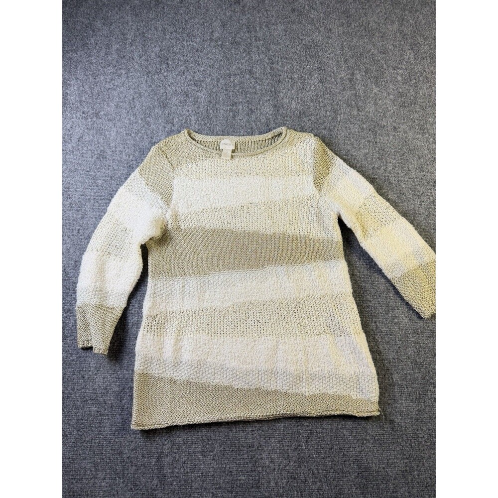 Chicos Sweater Womens Size 0 Gold Ivory Metallic Sequin Striped Knit Holiday